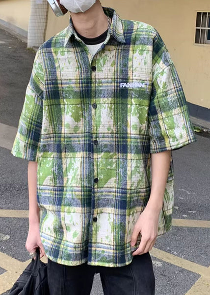 Summer Men Green Plaid Shirts Size Tie Plus Cotton Dye FashionChic