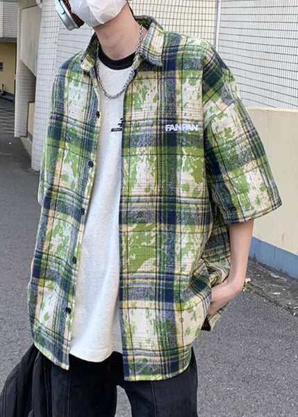 Summer Men Green Plaid Shirts Size Tie Plus Cotton Dye FashionChic