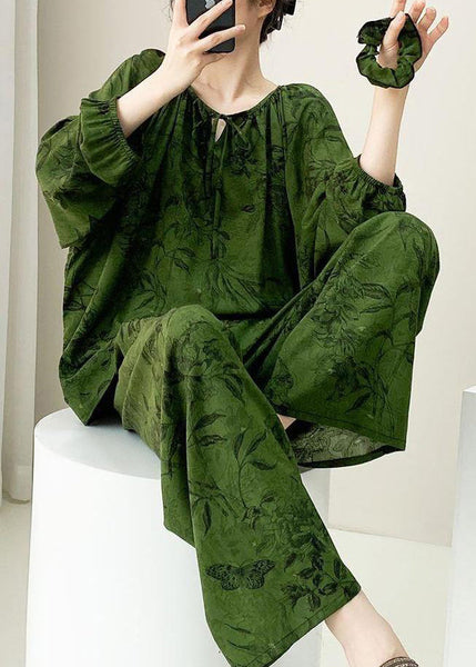 Two Size Set Lace Fall Pajamas Print Plus Up Pieces Green Cotton FashionChic