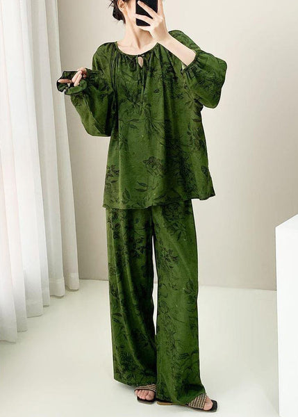 Two Size Set Lace Fall Pajamas Print Plus Up Pieces Green Cotton FashionChic