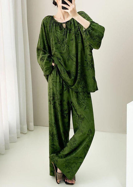 Two Size Set Lace Fall Pajamas Print Plus Up Pieces Green Cotton FashionChic