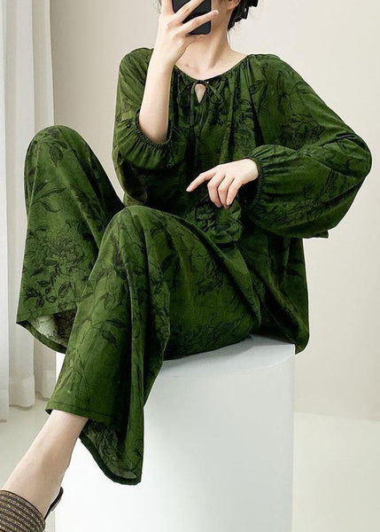 Two Size Set Lace Fall Pajamas Print Plus Up Pieces Green Cotton FashionChic