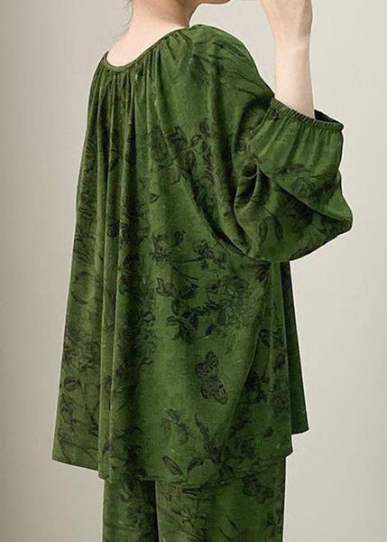 Two Size Set Lace Fall Pajamas Print Plus Up Pieces Green Cotton FashionChic