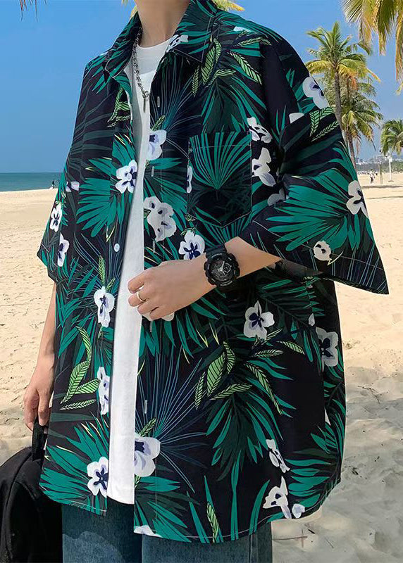 Green Cotton Shirts Print Sleeve Plus Pockets Half Mens Size FashionChic