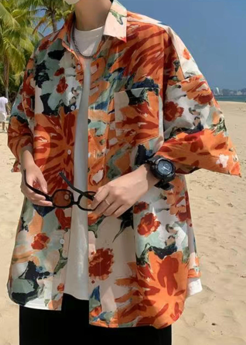 Green Cotton Shirts Print Sleeve Plus Pockets Half Mens Size FashionChic