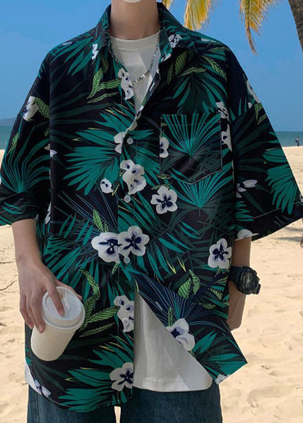 Green Cotton Shirts Print Sleeve Plus Pockets Half Mens Size FashionChic