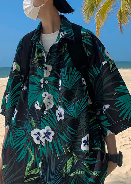 Green Cotton Shirts Print Sleeve Plus Pockets Half Mens Size FashionChic