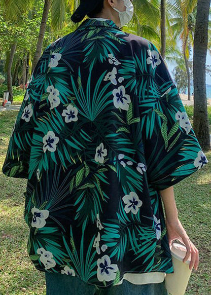 Green Cotton Shirts Print Sleeve Plus Pockets Half Mens Size FashionChic