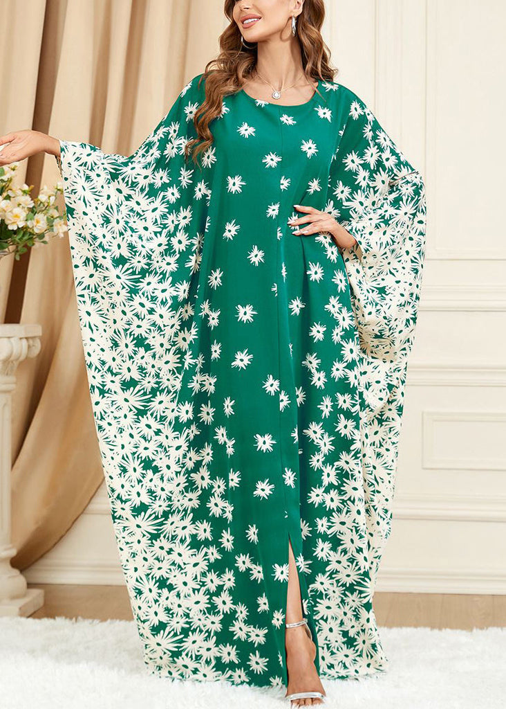Plus Size Green Print Side Open Cotton Long Dress Batwing Sleeve AA1028 Ada Fashion