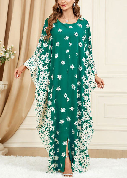 Plus Size Green Print Side Open Cotton Long Dress Batwing Sleeve AA1028 Ada Fashion