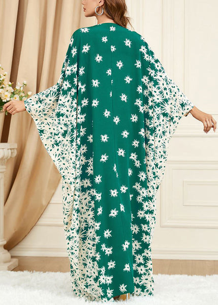 Plus Size Green Print Side Open Cotton Long Dress Batwing Sleeve AA1028 Ada Fashion