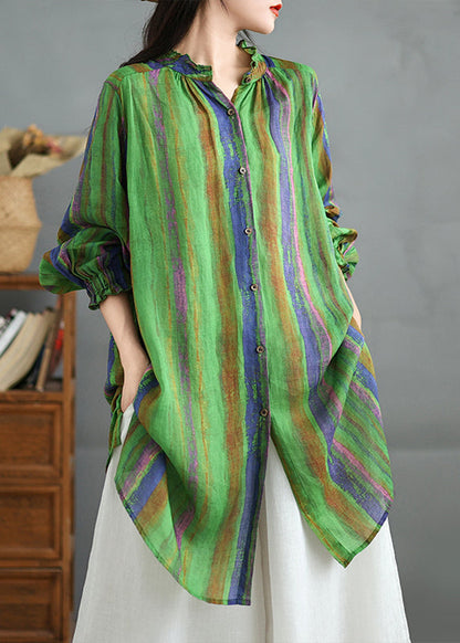 Plus Size Green Ruffled Stand Collar Striped Cotton Shirt Top Fall QK007 BB-LTP241022