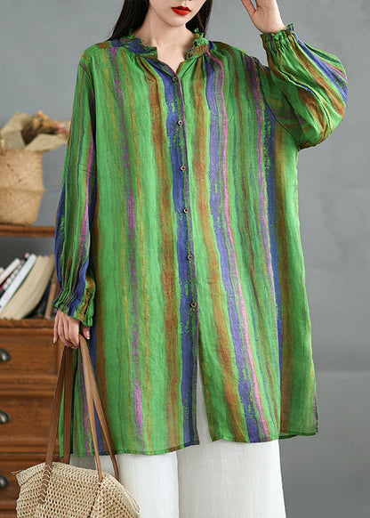 Plus Size Green Ruffled Stand Collar Striped Cotton Shirt Top Fall QK007 BB-LTP241022