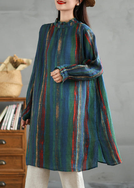 Plus Size Green Ruffled Striped Button Cotton Shirt Fall AC1015 Genistyle Shop