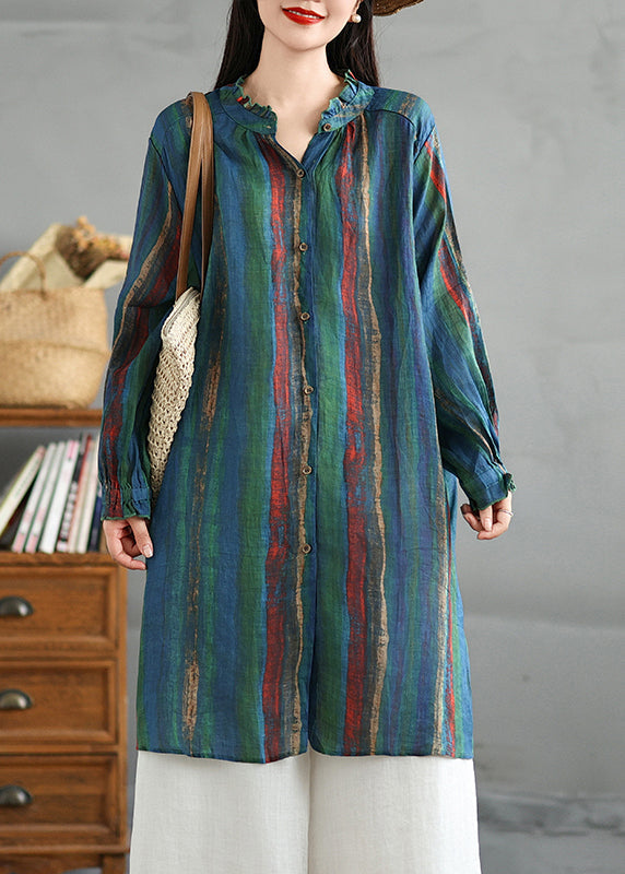 Plus Size Green Ruffled Striped Button Cotton Shirt Fall AC1015 Genistyle Shop