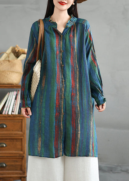 Plus Size Green Ruffled Striped Button Cotton Shirt Fall AC1015 Genistyle Shop
