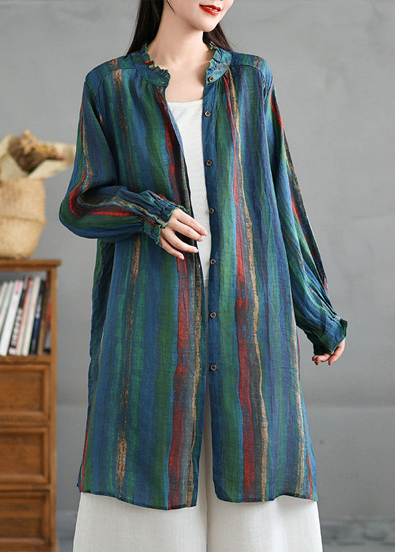 Plus Size Green Ruffled Striped Button Cotton Shirt Fall AC1015 Genistyle Shop