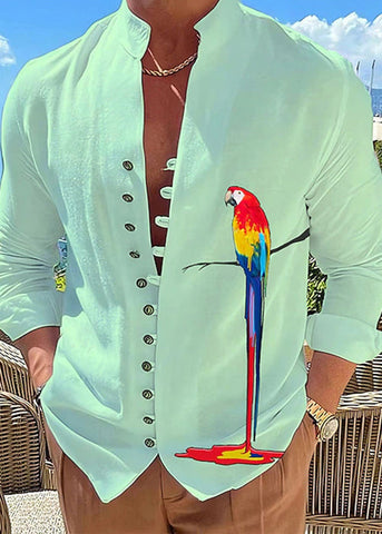 Plus Collar Size Print Fall Cotton Shirts Stand Men Button Green FashionChic