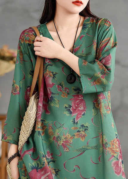 Plus Size Green V Neck Print Cotton Mid Dress Summer LK019 GK-SDM240710