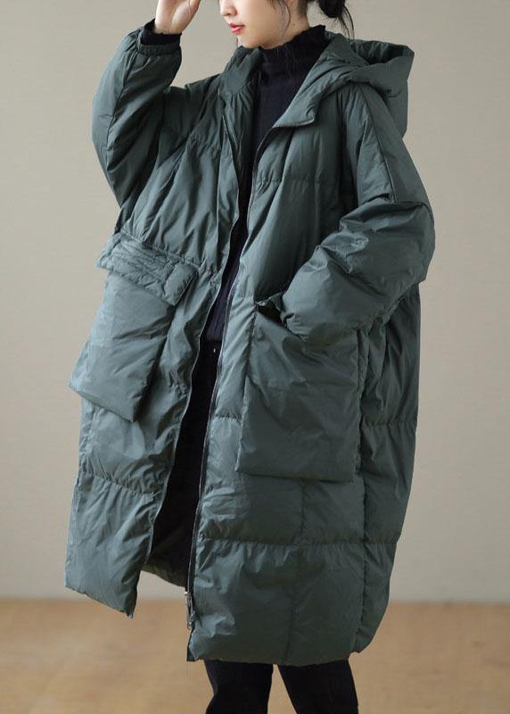 Plus Size Green hooded Zippered Pockets Winter Down Coat Long sleeve QS034 WT-WG-DJK210914