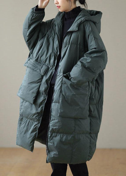 Plus Size Green hooded Zippered Pockets Winter Down Coat Long sleeve QS034 WT-WG-DJK210914