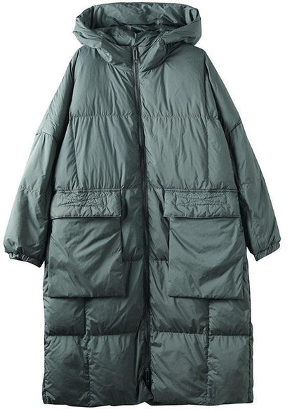 Plus Size Green hooded Zippered Pockets Winter Down Coat Long sleeve QS034 WT-WG-DJK210914
