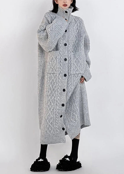Plus Size Grey Hign Neck Button Long Knit Cardigan Winter RS033 ABC