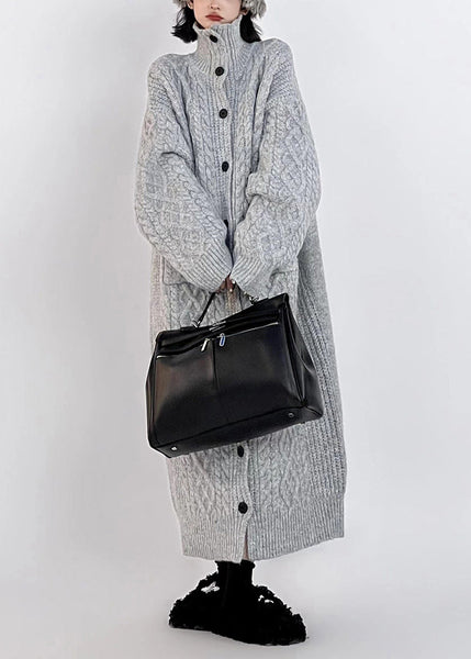 Plus Size Grey Hign Neck Button Long Knit Cardigan Winter RS033 ABC
