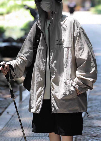 Ice UPF Size Silk Plus Embroideried 50+ Coat Grey Hooded Men FashionChic