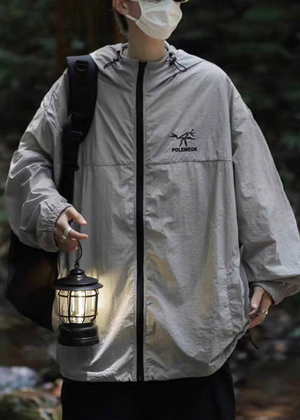 Ice UPF Size Silk Plus Embroideried 50+ Coat Grey Hooded Men FashionChic