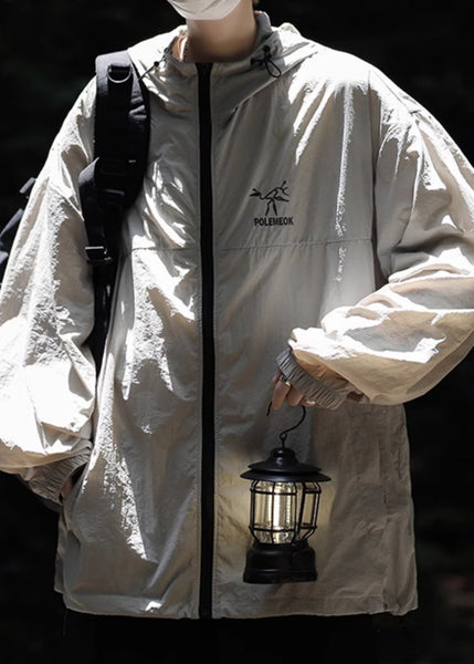 Ice UPF Size Silk Plus Embroideried 50+ Coat Grey Hooded Men FashionChic