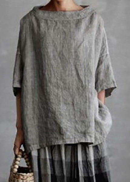 Shirts O-Neck Size T Grey Summer Solid Patchwork Plus FashionChic