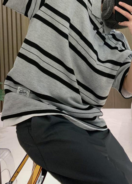 Men Grey Summer Button Plus Cotton Size Striped Shirts Polo FashionChic