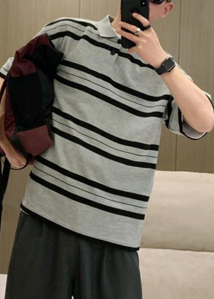 Men Grey Summer Button Plus Cotton Size Striped Shirts Polo FashionChic
