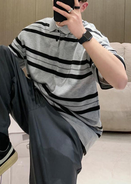 Men Grey Summer Button Plus Cotton Size Striped Shirts Polo FashionChic