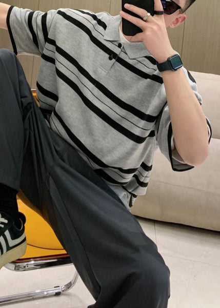 Men Grey Summer Button Plus Cotton Size Striped Shirts Polo FashionChic