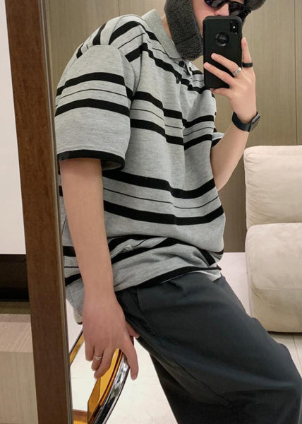 Men Grey Summer Button Plus Cotton Size Striped Shirts Polo FashionChic