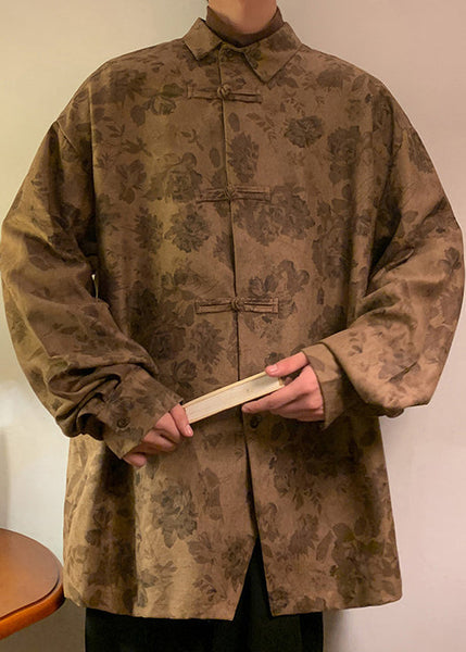 Plus Size Khaki Button Print Cotton Men Shirts Fall RO036 ABC