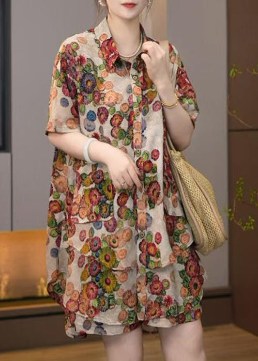 Cotton Pieces Set Print Khaki Size Summer Plus Two Oversized FashionChic