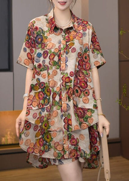 Cotton Pieces Set Print Khaki Size Summer Plus Two Oversized FashionChic