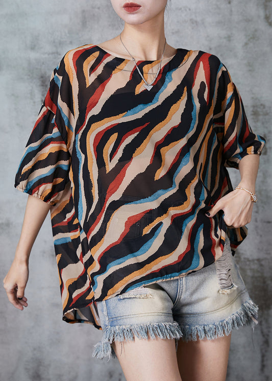 Plus Size Khaki Oversized Striped Chiffon Tops Summer AL1005 Genistyle Shop