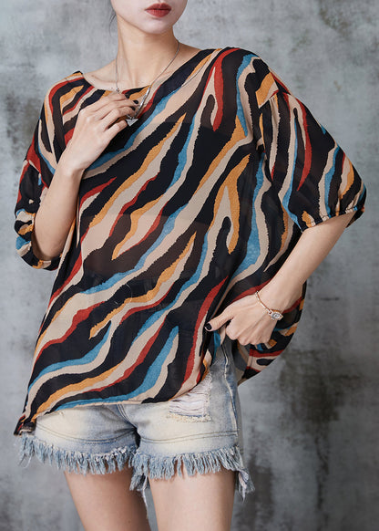 Plus Size Khaki Oversized Striped Chiffon Tops Summer AL1005 Genistyle Shop