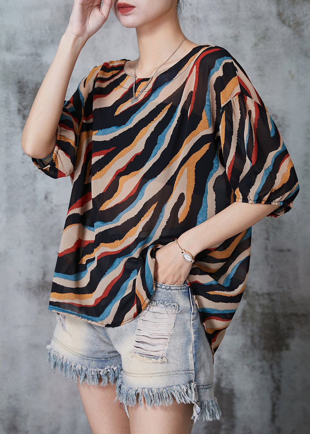 Plus Size Khaki Oversized Striped Chiffon Tops Summer AL1005 Genistyle Shop