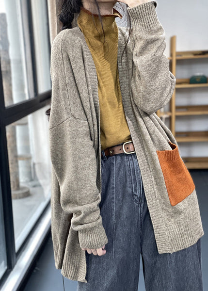 Plus Size Khaki Pockets Patchwork Knit Cardigan Fall OO005 OM-CS240816