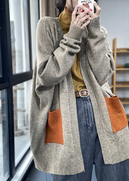 Plus Size Khaki Pockets Patchwork Knit Cardigan Fall OO005 OM-CS240816