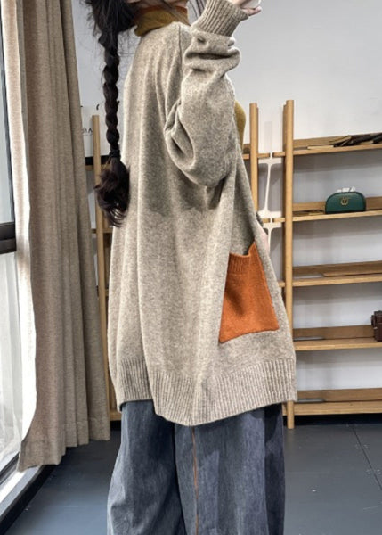 Plus Size Khaki Pockets Patchwork Knit Cardigan Fall OO005 OM-CS240816