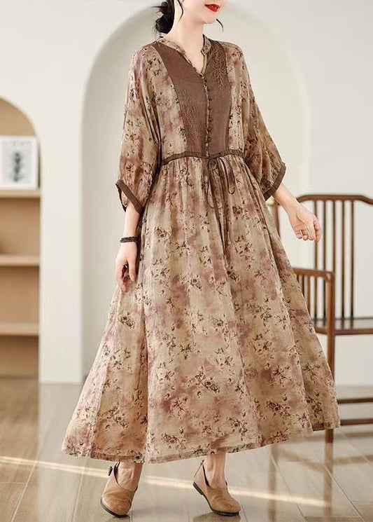 Khaki Dresses Pockets Tie Cotton Waist Long Fall Print Plus Size FashionChic