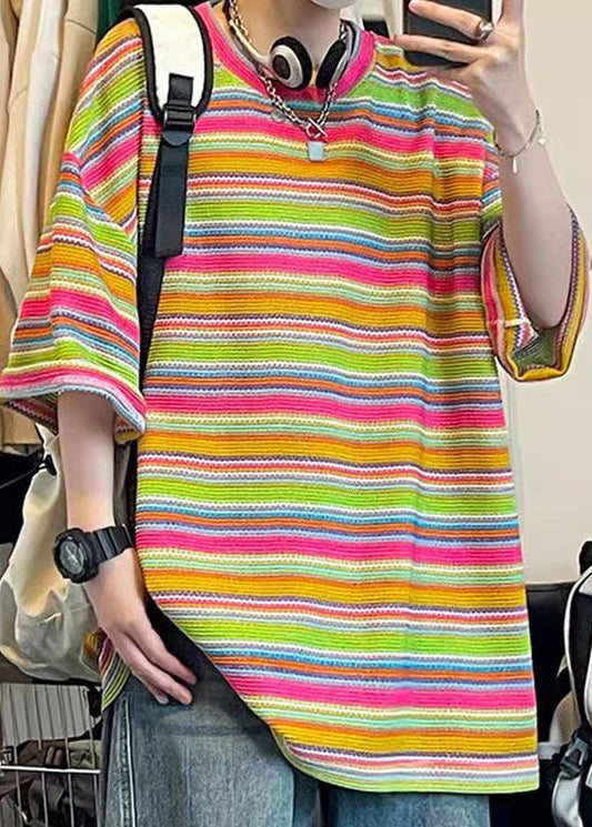Khaki T Size Plus Summer Knit Shirt Out Striped Men Hollow FashionChic