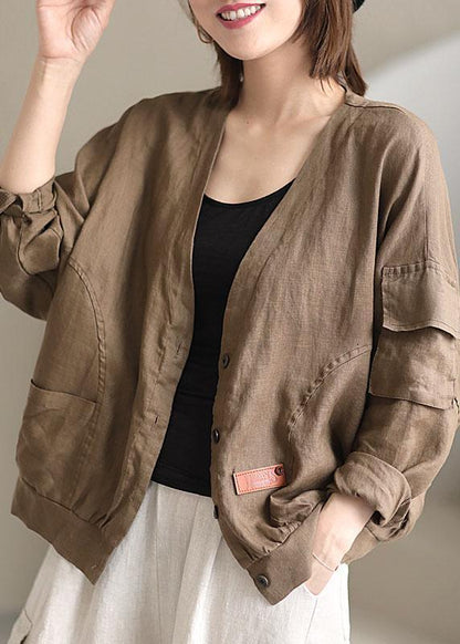 Plus Size Khaki V Neck Loose Button Fall Long sleeve Jacket QS051 WT-WG-CTS210914