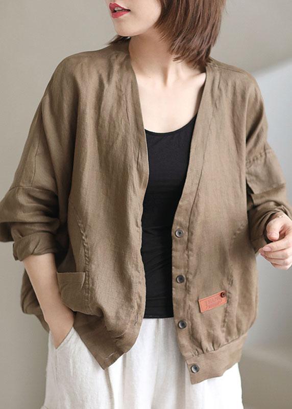 Plus Size Khaki V Neck Loose Button Fall Long sleeve Jacket QS051 WT-WG-CTS210914